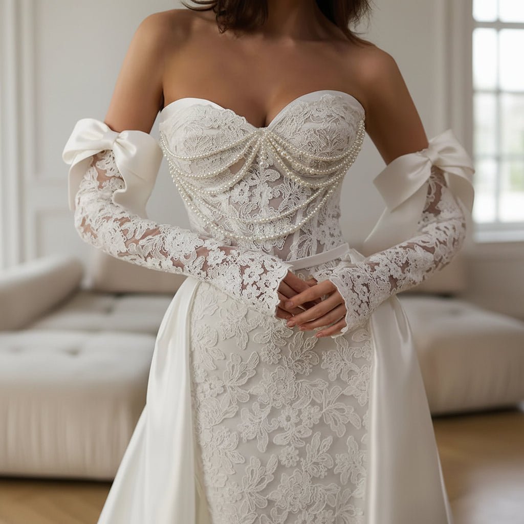 Appliqué & Pearl Sweetheart A-Line Lace Maxi Wedding Dress - Luzilly Bridal & Apparel