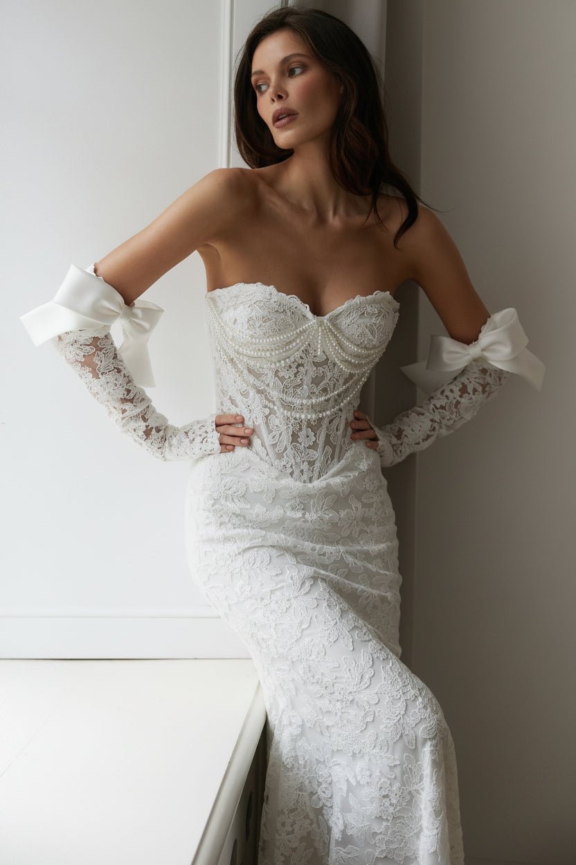 Appliqué & Pearl Sweetheart A-Line Lace Maxi Wedding Dress - Luzilly Bridal & Apparel