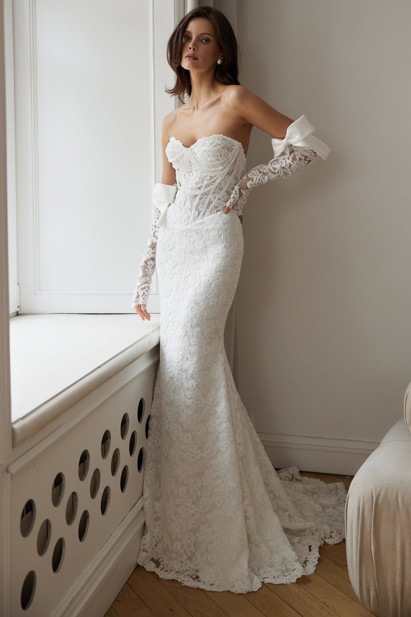 Appliqué & Pearl Sweetheart A-Line Lace Maxi Wedding Dress - Luzilly Bridal & Apparel