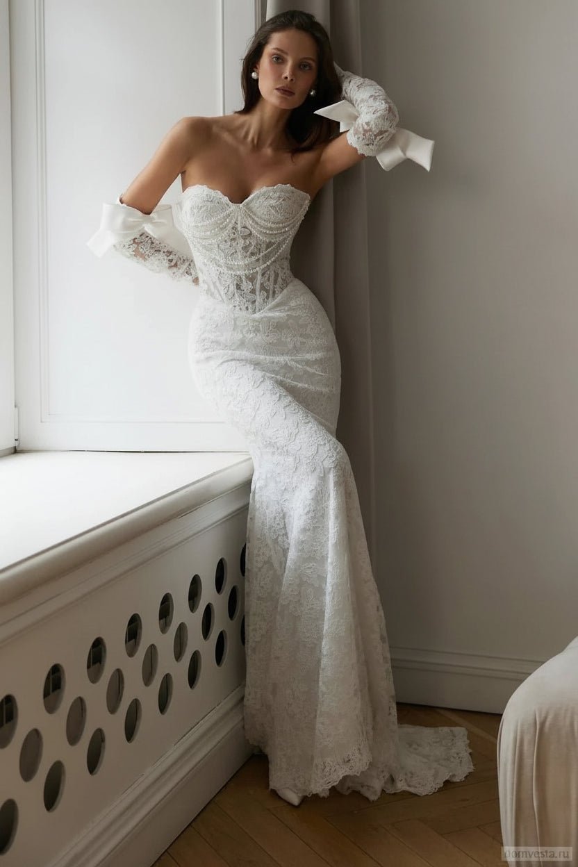 Appliqué & Pearl Sweetheart A-Line Lace Maxi Wedding Dress - Luzilly Bridal & Apparel