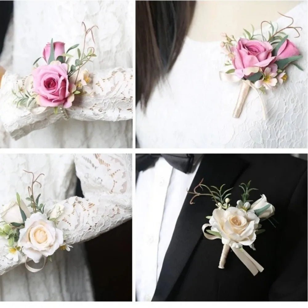 Artifical Boutonnieres Flowers Rose Handmade Wrist Corsage Bride Bridesmaid Silk Groom's Chest Flower Wedding Accessories - Luzilly Bridal & Apparel