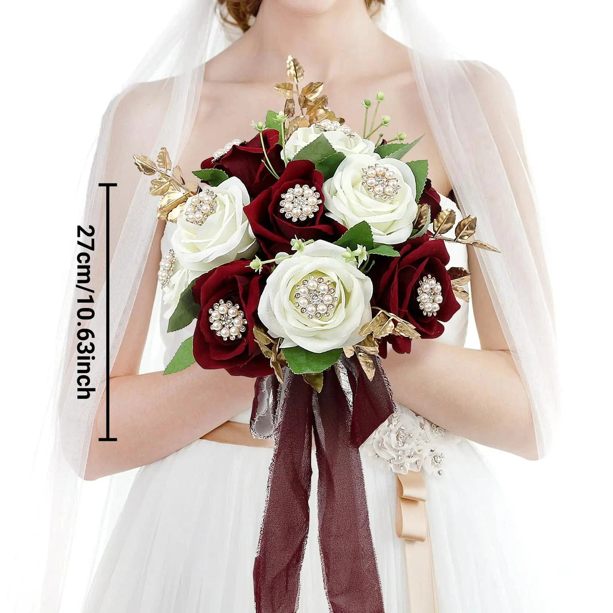 Artificial Rose Wedding Bouquet in Burgundy, Blue, and Ivory Tones - Luzilly Bridal & Apparel
