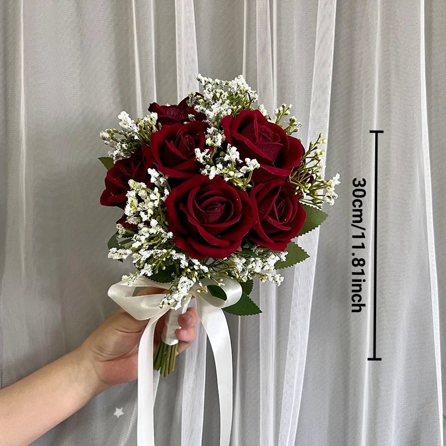 Artificial Rose Wedding Bouquet in Burgundy, Blue, and Ivory Tones - Luzilly Bridal & Apparel