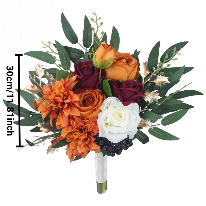 Artificial Rose Wedding Bouquet in Burgundy, Blue, and Ivory Tones - Luzilly Bridal & Apparel