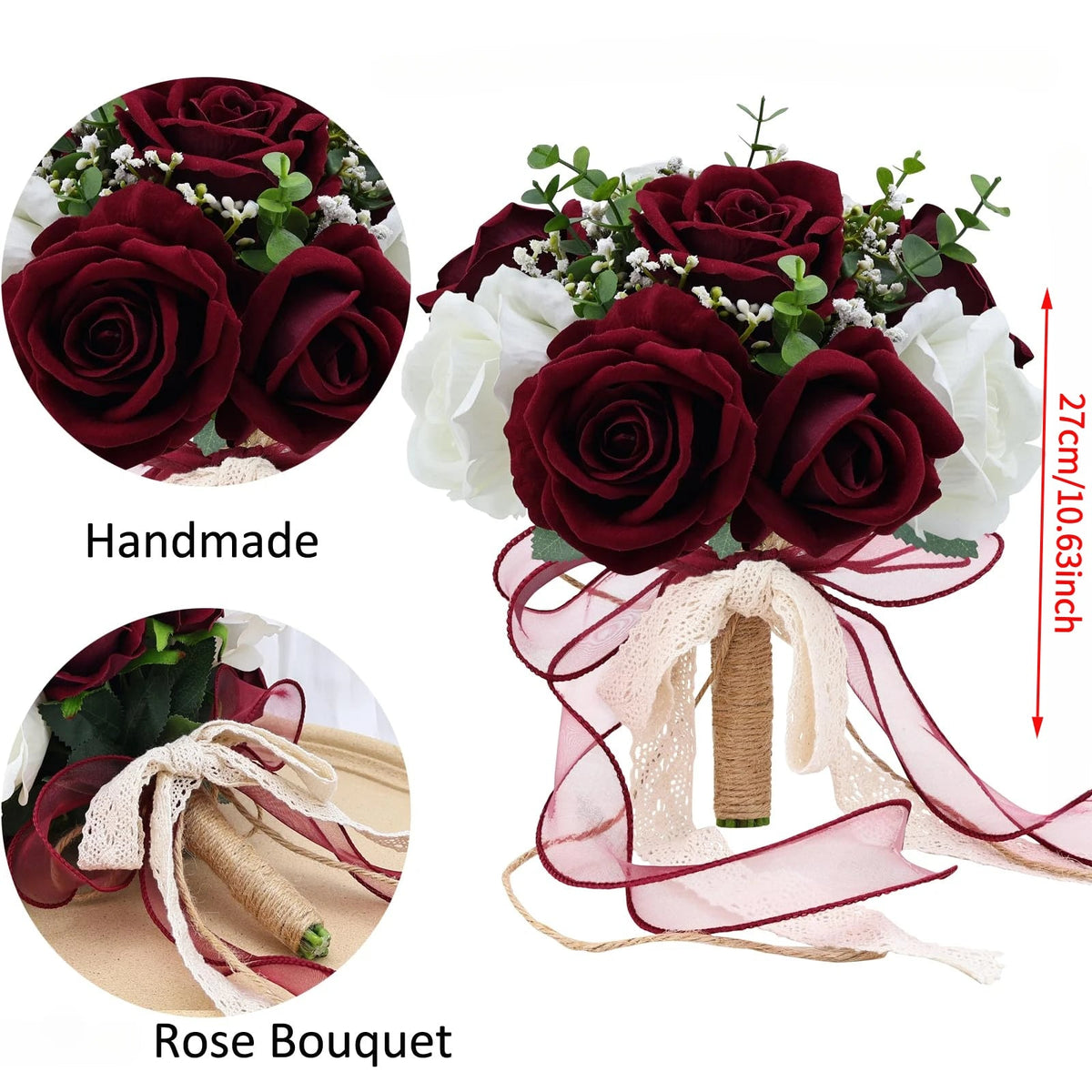 Artificial Rose Wedding Bouquet in Burgundy, Blue, and Ivory Tones - Luzilly Bridal & Apparel
