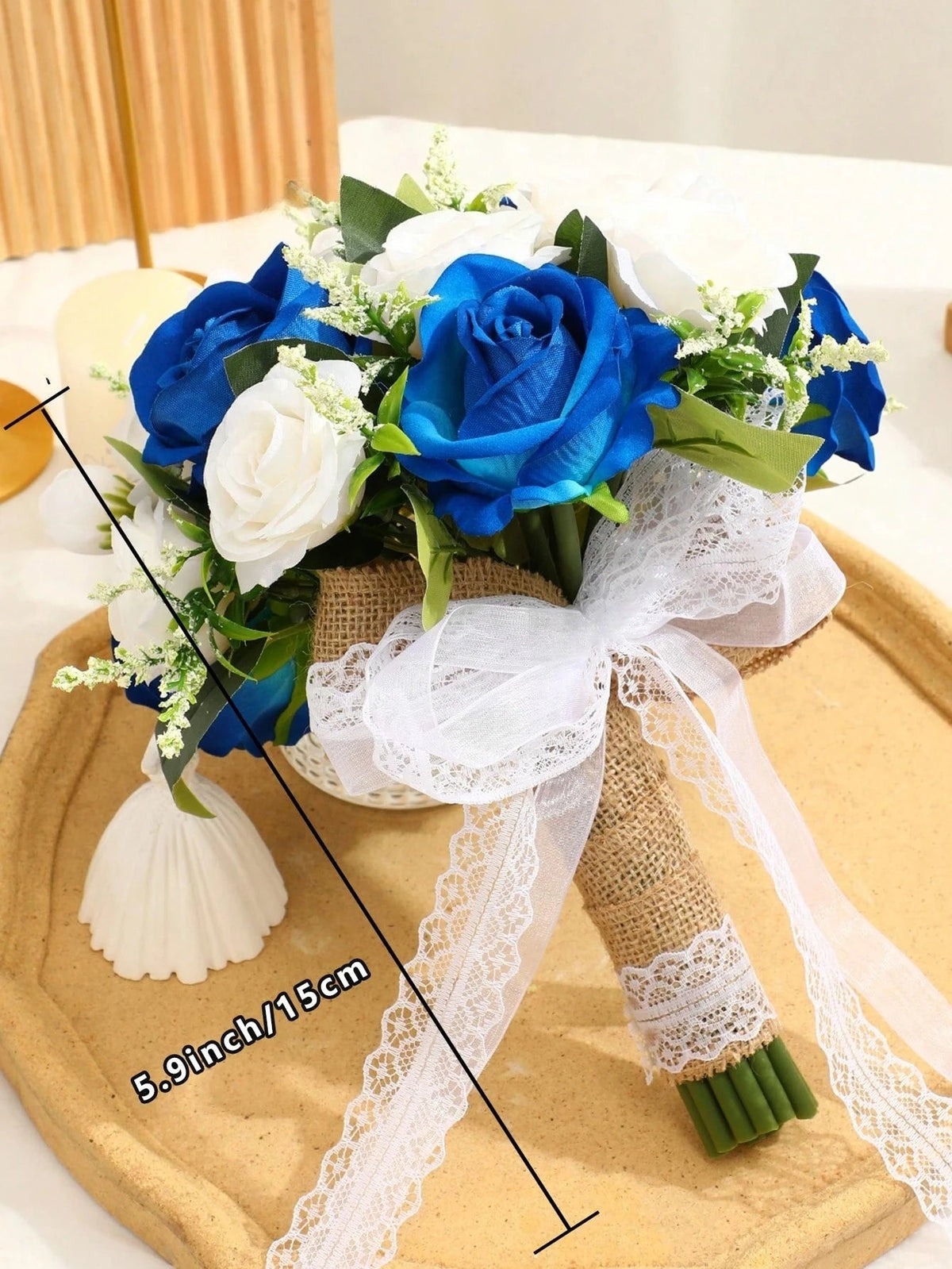 Artificial Rose Wedding Bouquet in Burgundy, Blue, and Ivory Tones - Luzilly Bridal & Apparel
