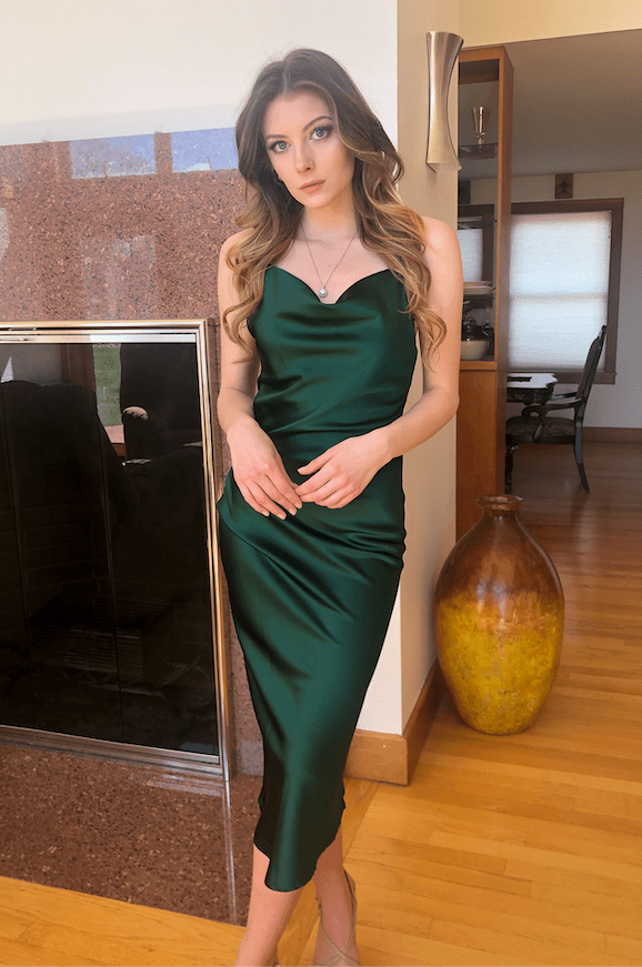 Aspen Cowl-Neck Satin Slip Midi Dress - Emerald Green - Luzilly Bridal & Apparel