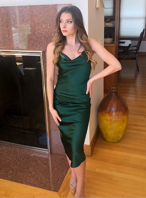 Size 16, Aspen Midi Dress - Emerald Green Satin Slip Dress - FINAL SALE