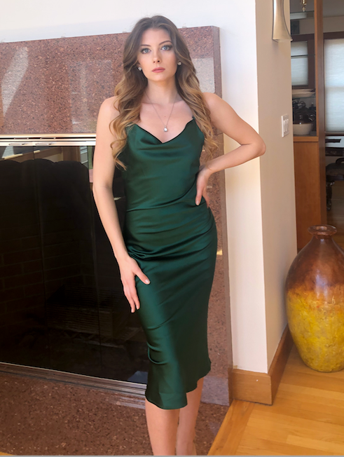 Size 16, Aspen Midi Dress - Emerald Green Satin Slip Dress - FINAL SALE