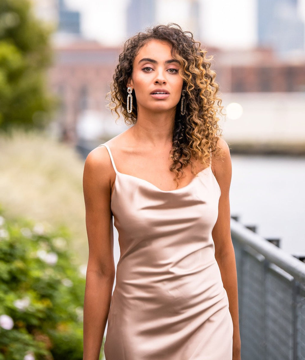 Aspen Midi Dress - Champagne Satin Slip Dress - Luzilly Bridal & Apparel