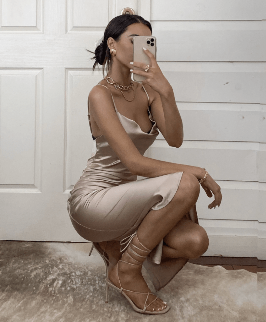 Aspen Midi Dress - Champagne Satin Slip Dress - Luzilly Bridal & Apparel
