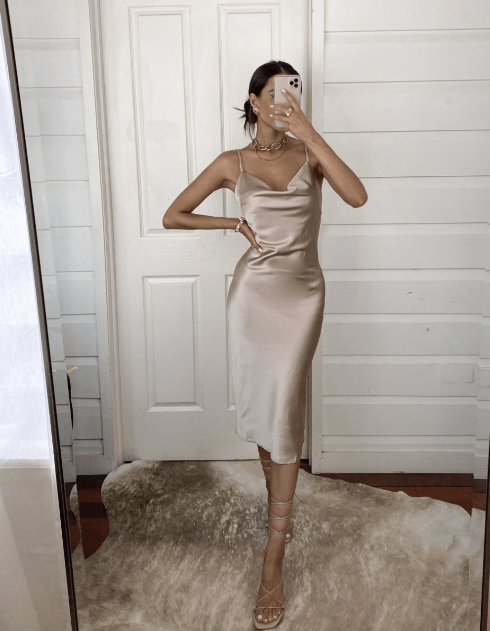 Aspen Midi Dress - Champagne Satin Slip Dress - Luzilly Bridal & Apparel