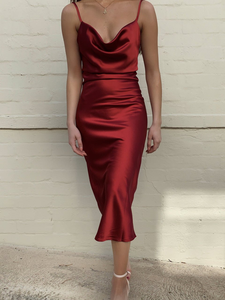 Aspen Midi Dress - Deep Red Satin Slip Dress - FINAL SALE - Luzilly Bridal & Apparel
