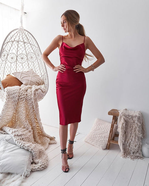 Aspen Midi Dress - Deep Red Satin Slip Dress - FINAL SALE - Luzilly Bridal & Apparel