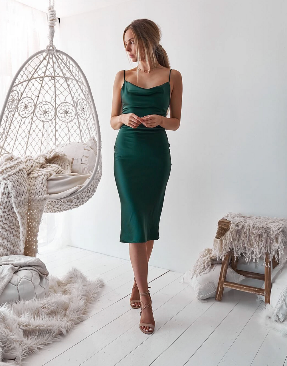 Size 16, Aspen Midi Dress - Emerald Green Satin Slip Dress - FINAL SALE