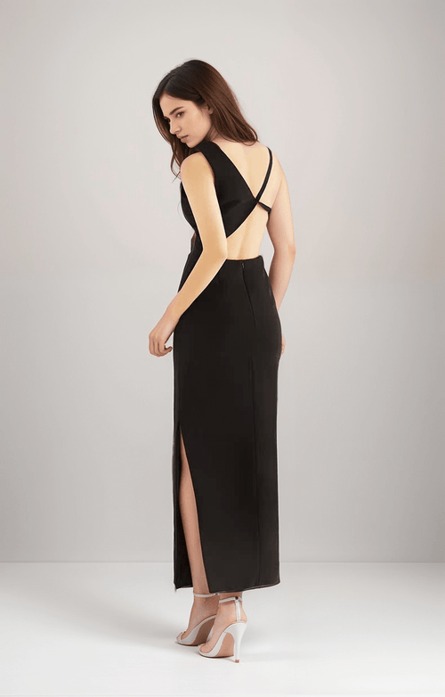 Asymmetrical geometric concept hallowed back pencil skirt satin prom dress - Luzilly Bridal & Apparel
