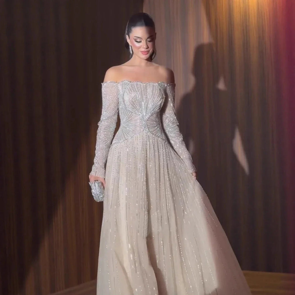 Aunber Customized Luxury Evening Dresses Beige Arabic Dubai Famous Designer A-Line For Wedding Party Dresses - Luzilly Bridal & Apparel