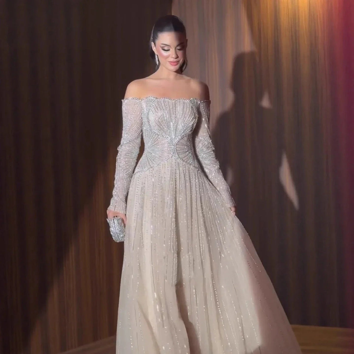 Aunber Customized Luxury Evening Dresses Beige Arabic Dubai Famous Designer A-Line For Wedding Party Dresses - Luzilly Bridal & Apparel