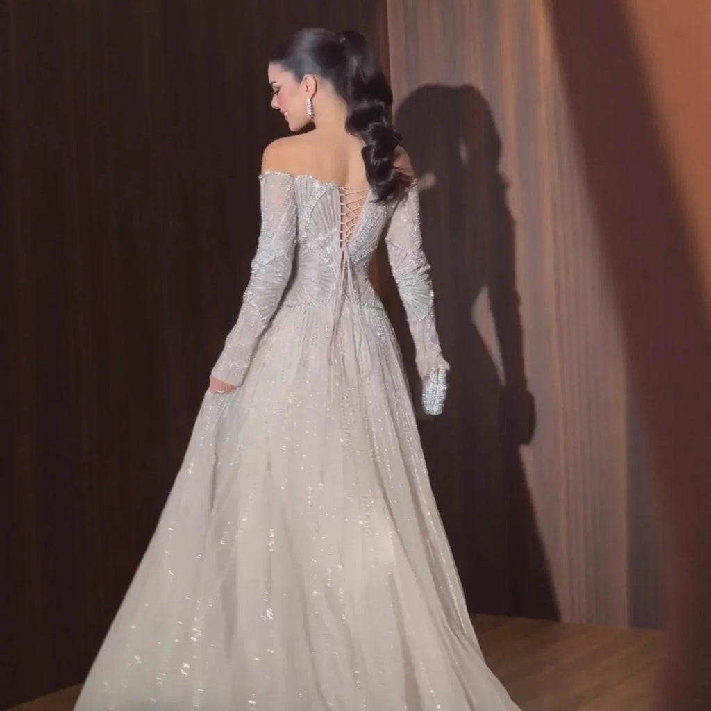 Aunber Customized Luxury Evening Dresses Beige Arabic Dubai Famous Designer A-Line For Wedding Party Dresses - Luzilly Bridal & Apparel
