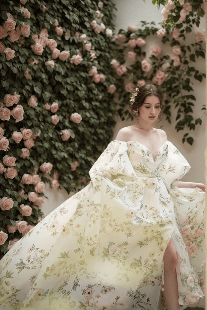 Avera - Sexy floral printed butterfly pattern front-slit bishop sleeves off-the-shoulder Satin Wedding Dress Gown - Luzilly Bridal & Apparel