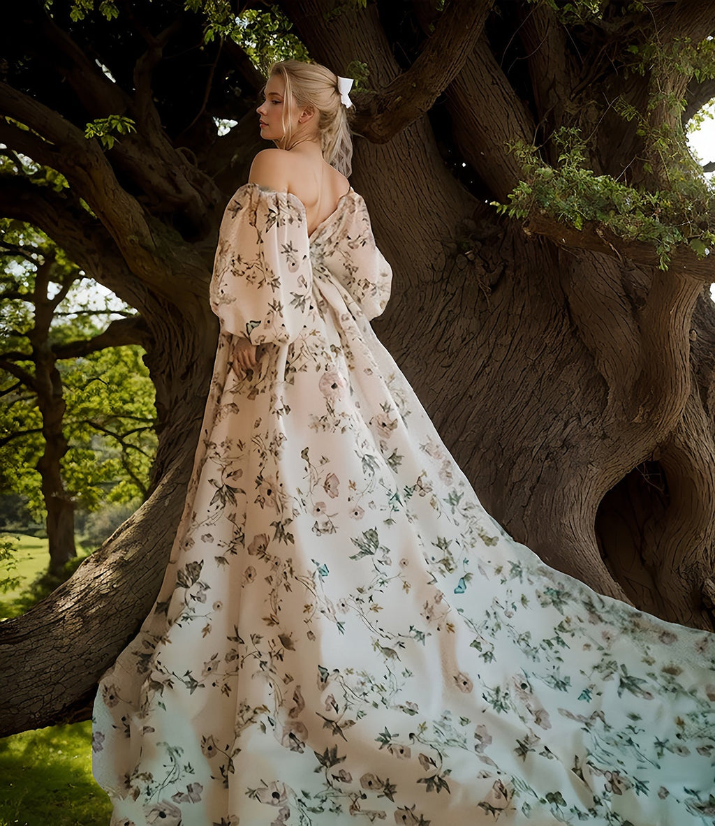 Avera - Sexy floral printed butterfly pattern front-slit bishop sleeves off-the-shoulder Satin Wedding Dress Gown - Luzilly Bridal & Apparel