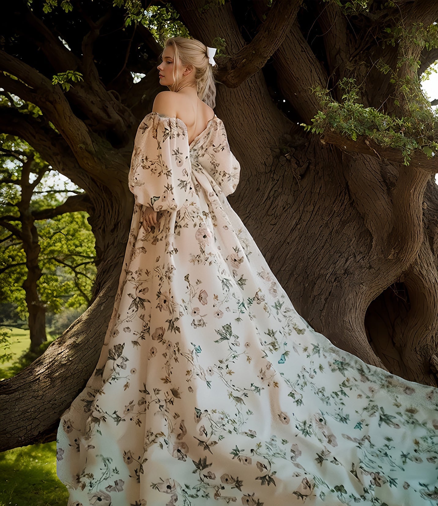 Avera - Sexy floral printed butterfly pattern front-slit bishop sleeves off-the-shoulder Satin Wedding Dress Gown - Luzilly Bridal & Apparel