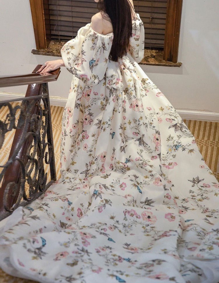 Avera - Sexy floral printed butterfly pattern front-slit bishop sleeves off-the-shoulder Satin Wedding Dress Gown - Luzilly Bridal & Apparel