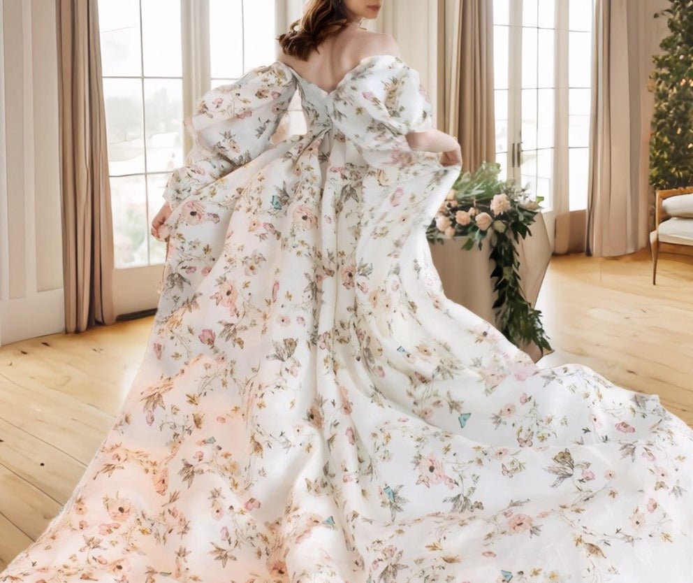 Avera - Sexy floral printed butterfly pattern front-slit bishop sleeves off-the-shoulder Satin Wedding Dress Gown - Luzilly Bridal & Apparel