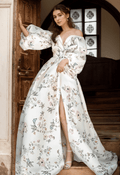 Avera - Sexy floral printed butterfly pattern front-slit bishop sleeves off-the-shoulder Satin Wedding Dress Gown - Luzilly Bridal & Apparel