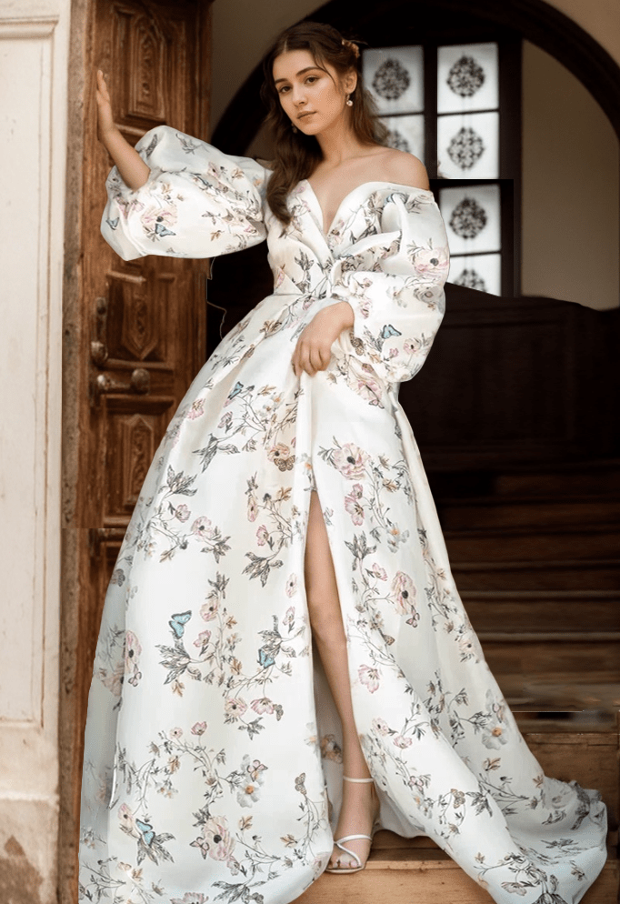 Avera - Sexy floral printed butterfly pattern front-slit bishop sleeves off-the-shoulder Satin Wedding Dress Gown - Luzilly Bridal & Apparel