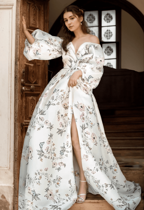 Avera - Sexy floral printed butterfly pattern front-slit bishop sleeves off-the-shoulder Satin Wedding Dress Gown - Luzilly Bridal & Apparel