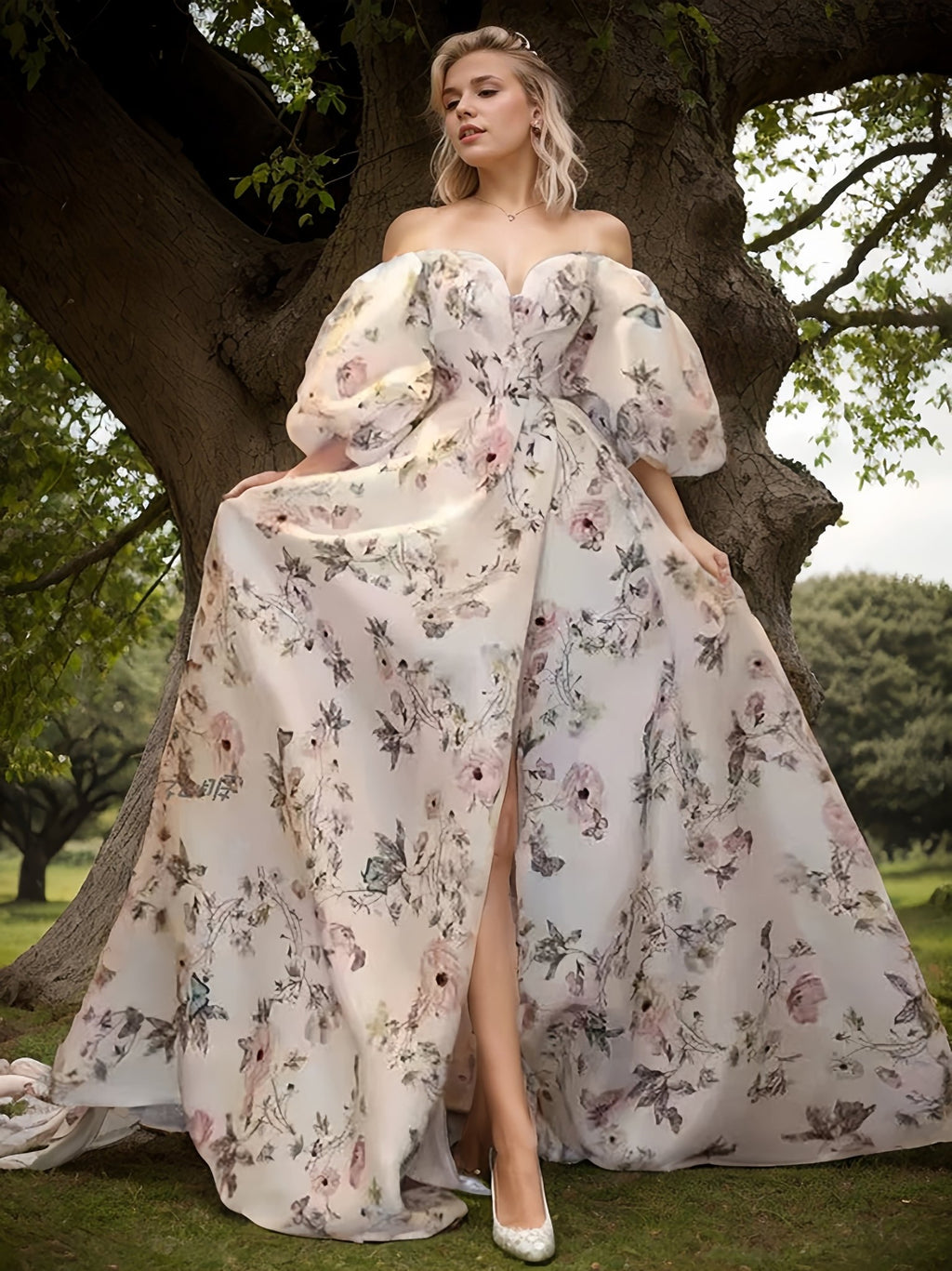 Avera - Sexy floral printed butterfly pattern front-slit bishop sleeves off-the-shoulder Satin Wedding Dress Gown - Luzilly Bridal & Apparel