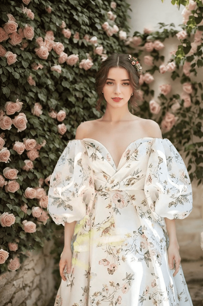 Avera - Sexy floral printed butterfly pattern front-slit bishop sleeves off-the-shoulder Satin Wedding Dress Gown - Luzilly Bridal & Apparel
