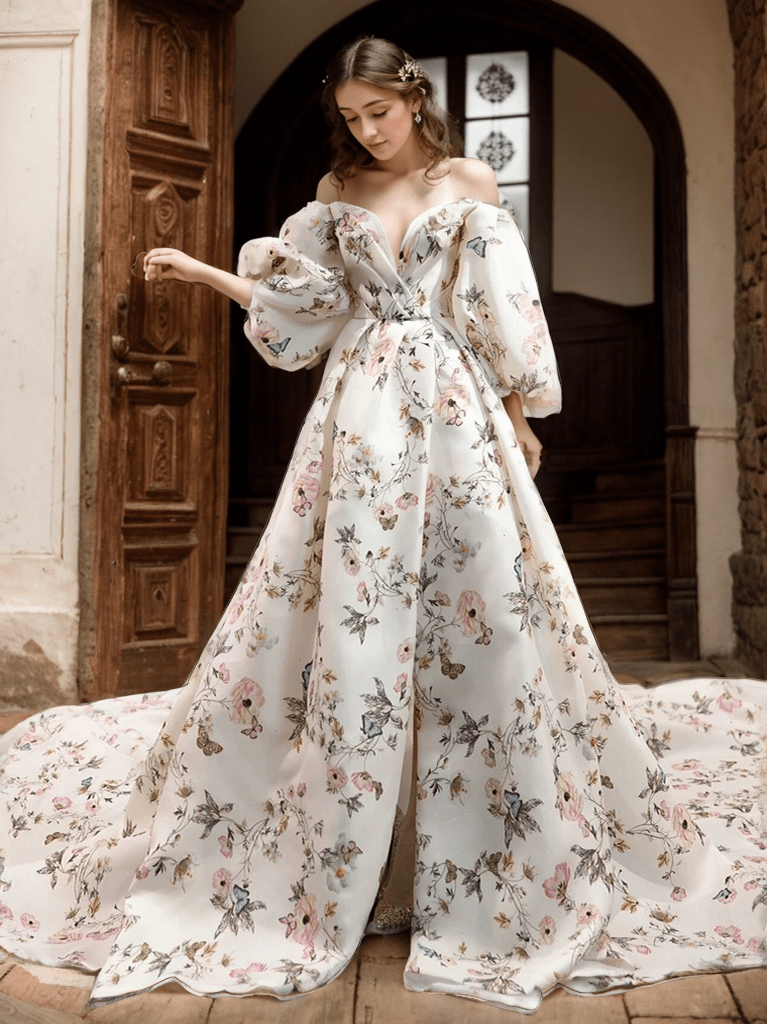 Avera - Sexy floral printed butterfly pattern front-slit bishop sleeves off-the-shoulder Satin Wedding Dress Gown - Luzilly Bridal & Apparel