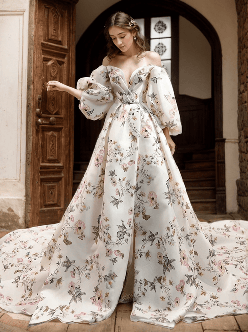 Avera - Sexy floral printed butterfly pattern front-slit bishop sleeves off-the-shoulder Satin Wedding Dress Gown - Luzilly Bridal & Apparel