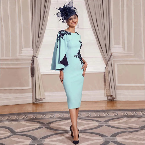 Baby Blue Long-Sleeve Tea-Length Mother of the Bride Dress - Luzilly Bridal & Apparel