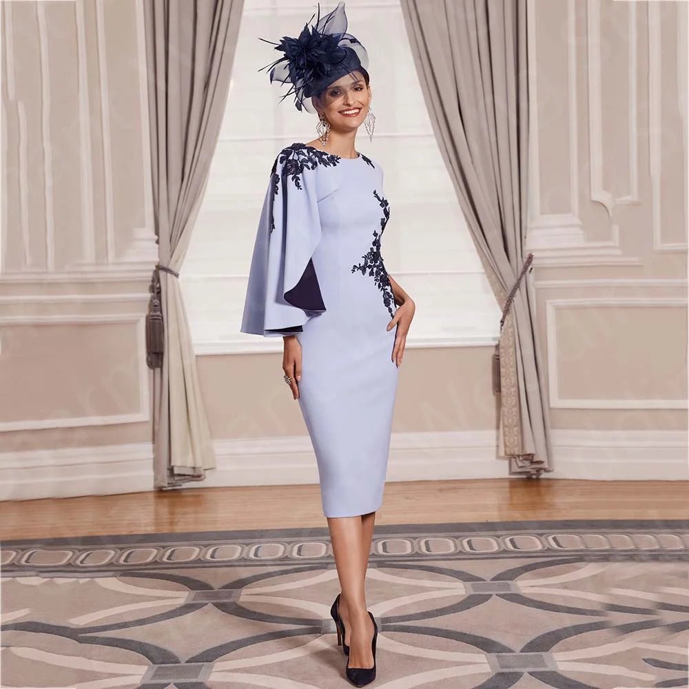 Baby Blue Long-Sleeve Tea-Length Mother of the Bride Dress - Luzilly Bridal & Apparel