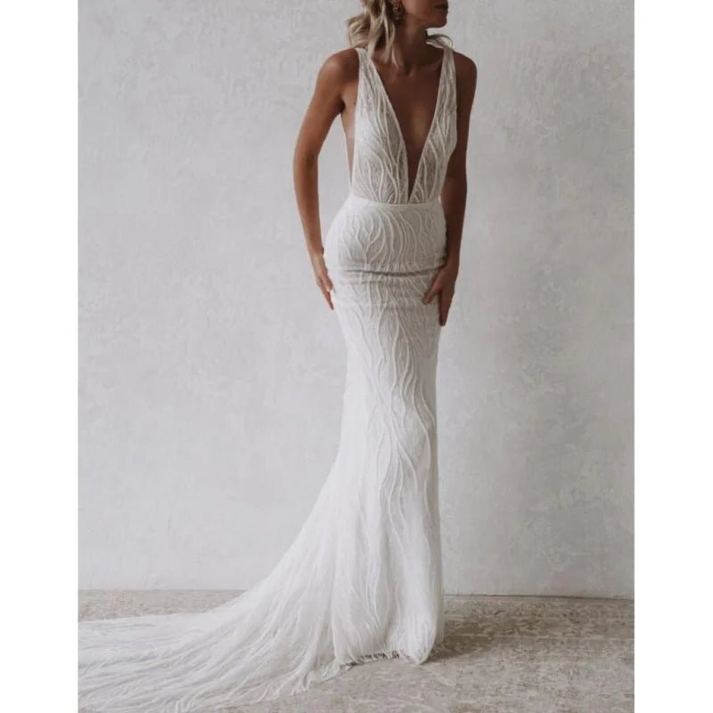 Backless Beaded Spaghetti-Strap Mermaid Wedding Dress - Luzilly Bridal & Apparel