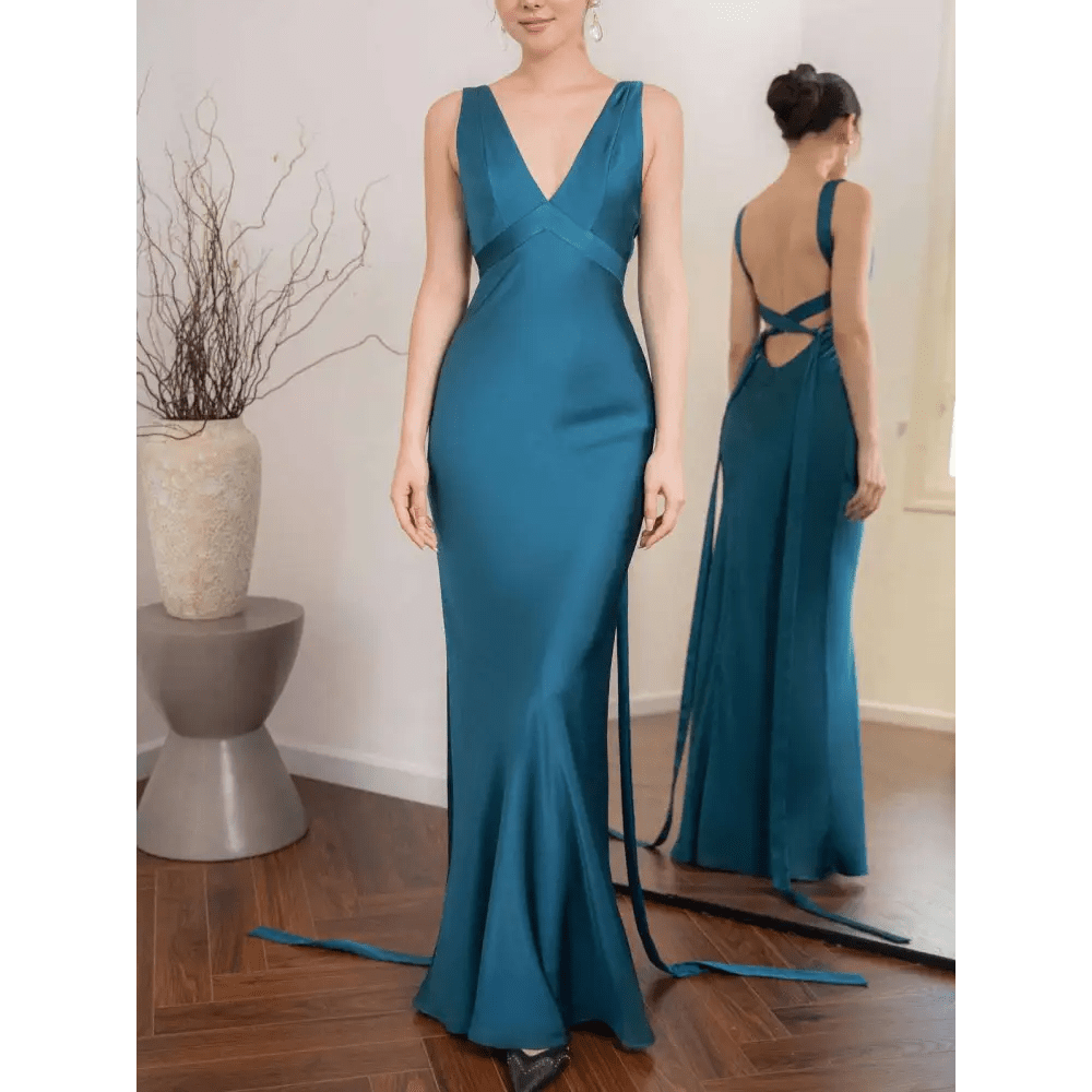 Backless Strappy Lake Blue Evening Dress - Luzilly Bridal & Apparel