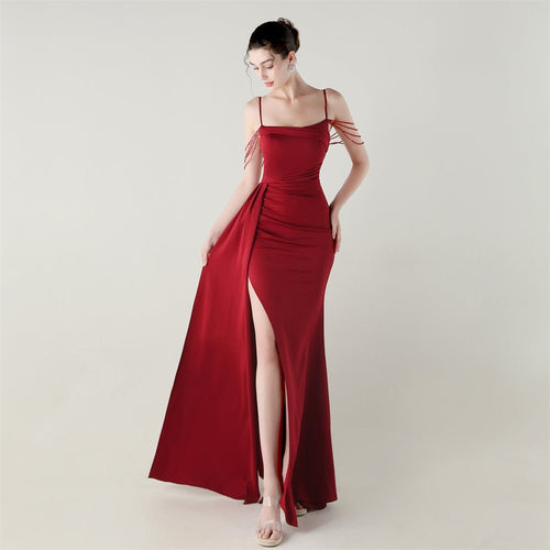 Bandeau Sling Satin Craft Beaded Chain Fishtail Evening Dress Dinner Wedding Ball - Luzilly Bridal & Apparel