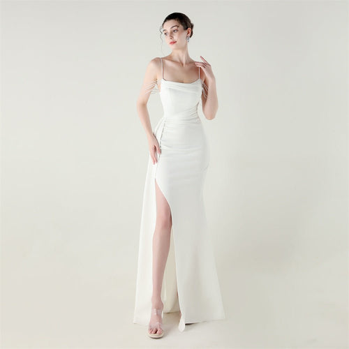 Bandeau Sling Satin Craft Beaded Chain Fishtail Evening Dress Dinner Wedding Ball - Luzilly Bridal & Apparel