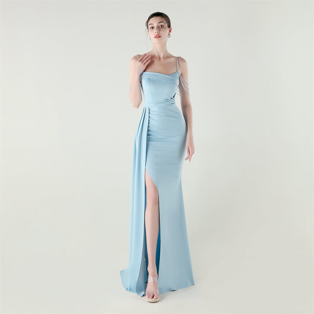 Bandeau Sling Satin Craft Beaded Chain Fishtail Evening Dress Dinner Wedding Ball - Luzilly Bridal & Apparel