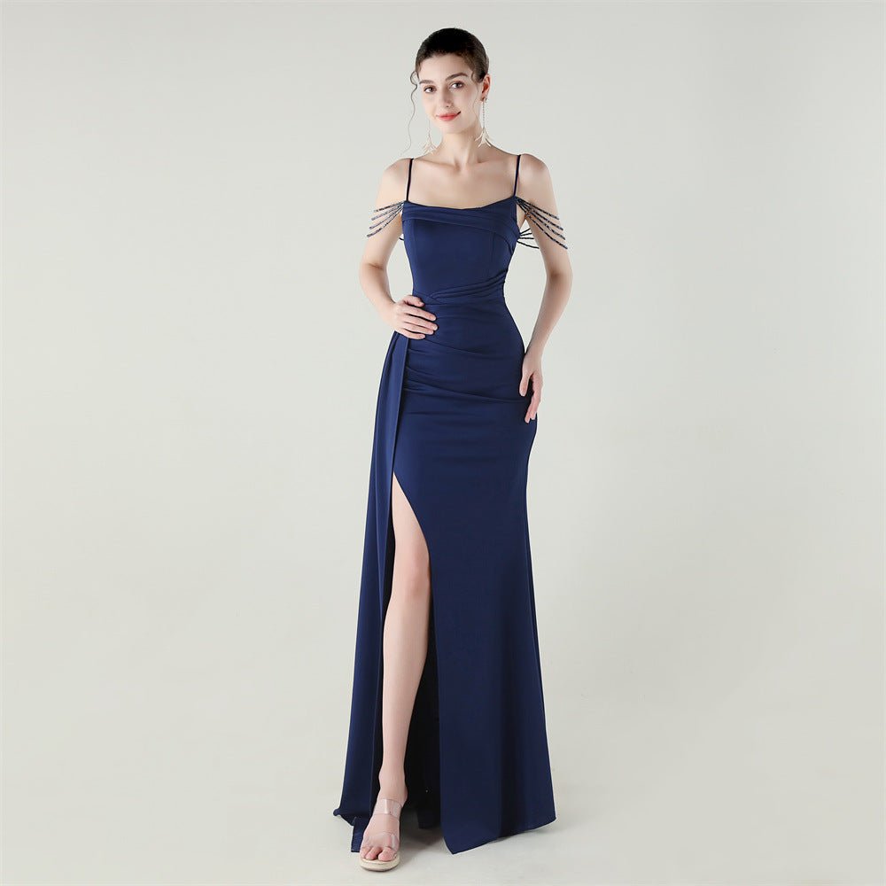 Bandeau Sling Satin Craft Beaded Chain Fishtail Evening Dress Dinner Wedding Ball - Luzilly Bridal & Apparel