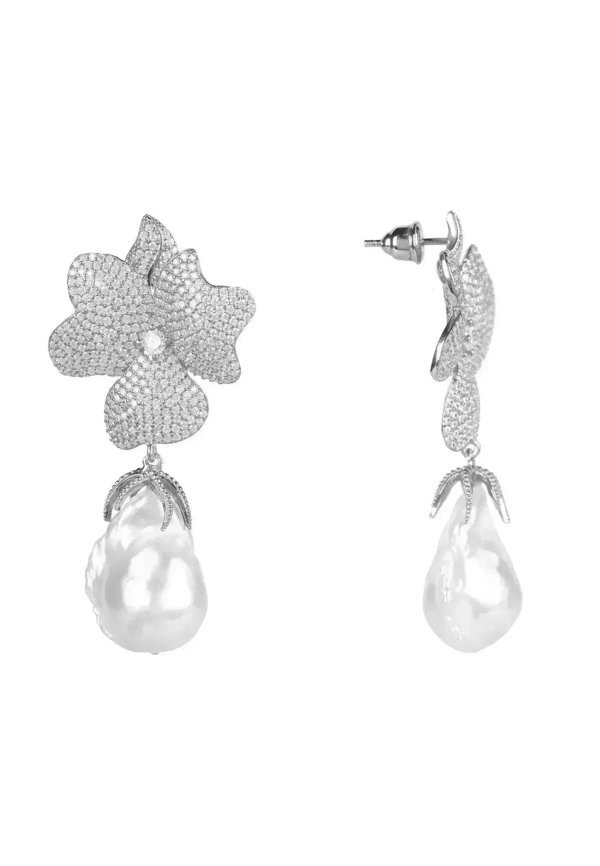 Baroque Pearl & Sterling Silver Flower Drop Earrings - Luzilly Bridal & Apparel