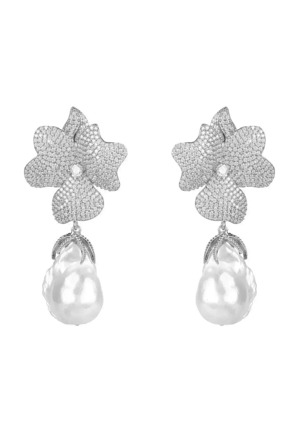 Baroque Pearl & Sterling Silver Flower Drop Earrings - Luzilly Bridal & Apparel