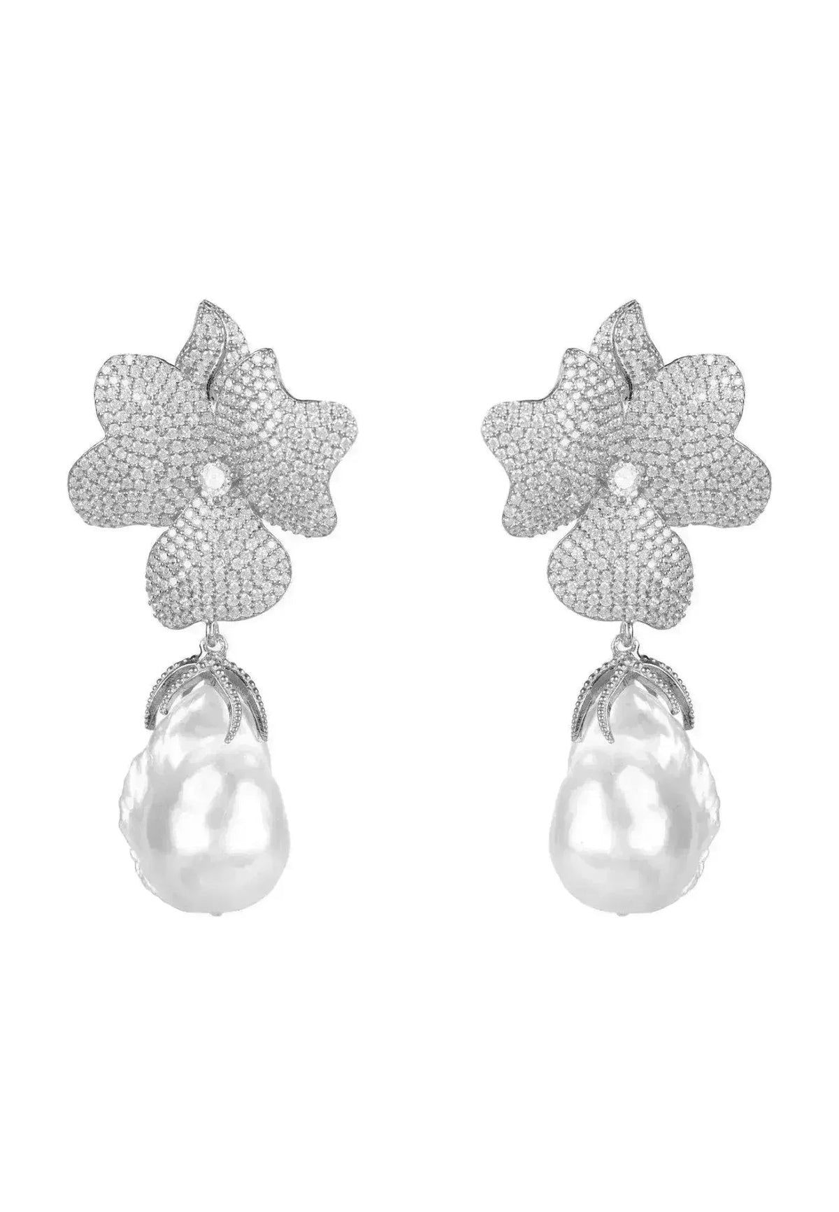 Baroque Pearl & Sterling Silver Flower Drop Earrings - Luzilly Bridal & Apparel