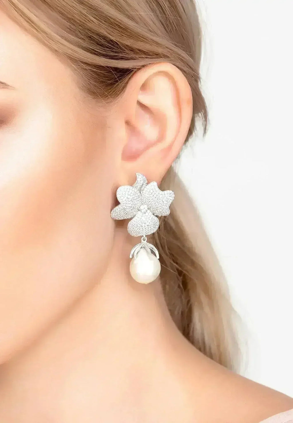 Baroque Pearl & Sterling Silver Flower Drop Earrings - Luzilly Bridal & Apparel
