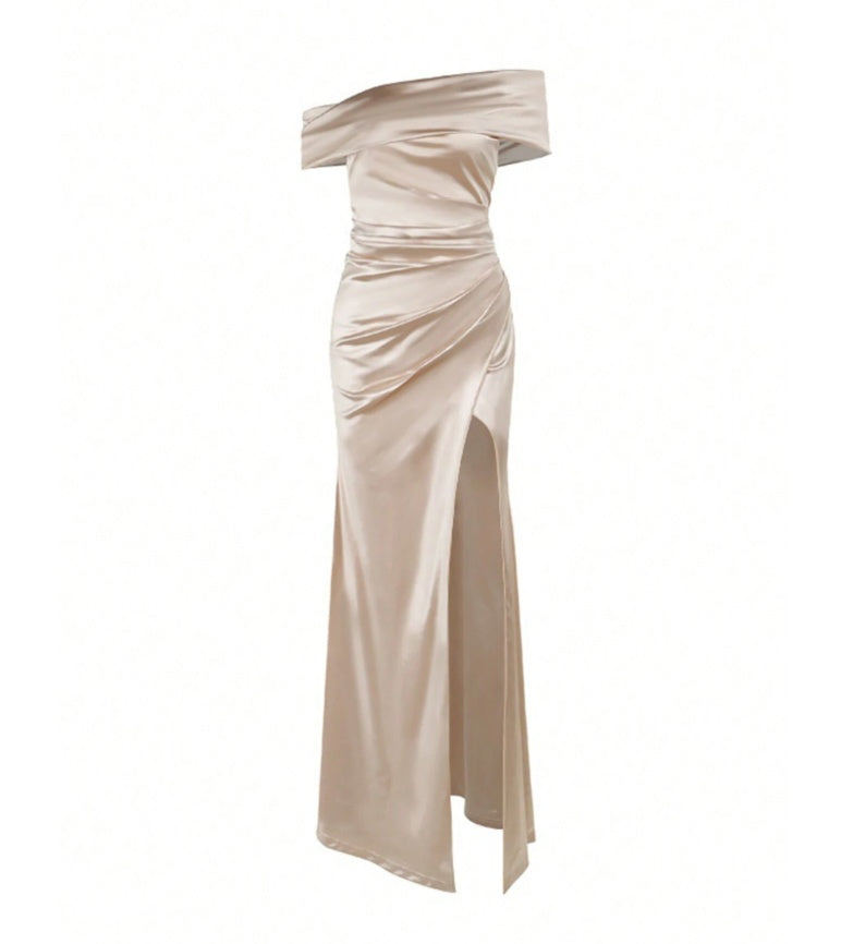 Off-Shoulder Satin Gown with Slit