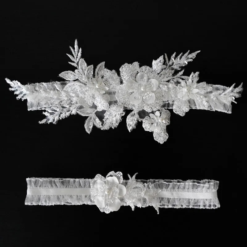 Bead and Flower Lace Bridal Garter Set - Luzilly Bridal & Apparel