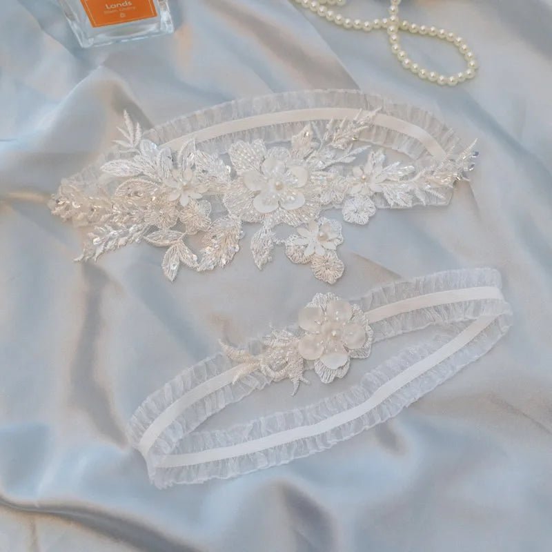 Bead and Flower Lace Bridal Garter Set - Luzilly Bridal & Apparel